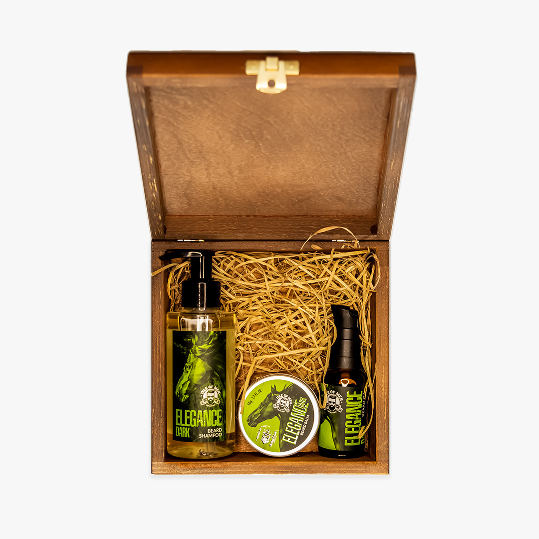 Zestaw dla brodacza Elegance Dark Small – olejek, balsam i szampon do brody w eleganckim drewnianym pudełku Isle of Men.
